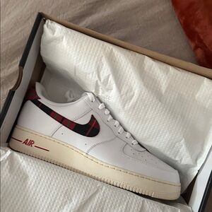 Nike Air Force 1 White with Black and Red Plaid Accents
